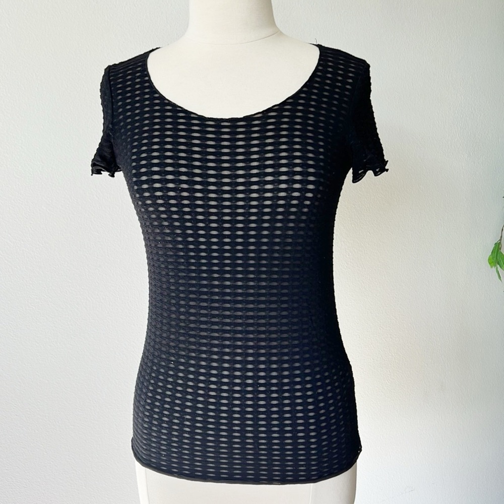 Armani Collezioni Black Sheer Open-Knit Short Sleeve Tee - Picture 4 of 7